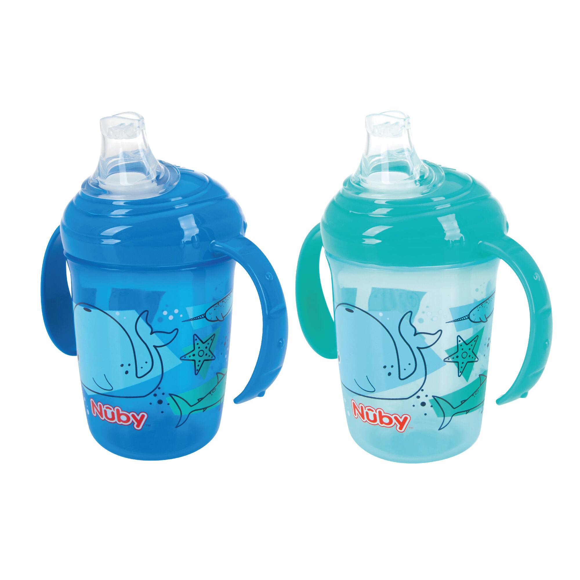 The Nuby Grip N Sip Baby Cups 2 Pack Whales includes blue and teal cups with handles, whale and sea life designs, SoftFlex silicone no-spill spouts, clear lids, and Nuby branding in red.