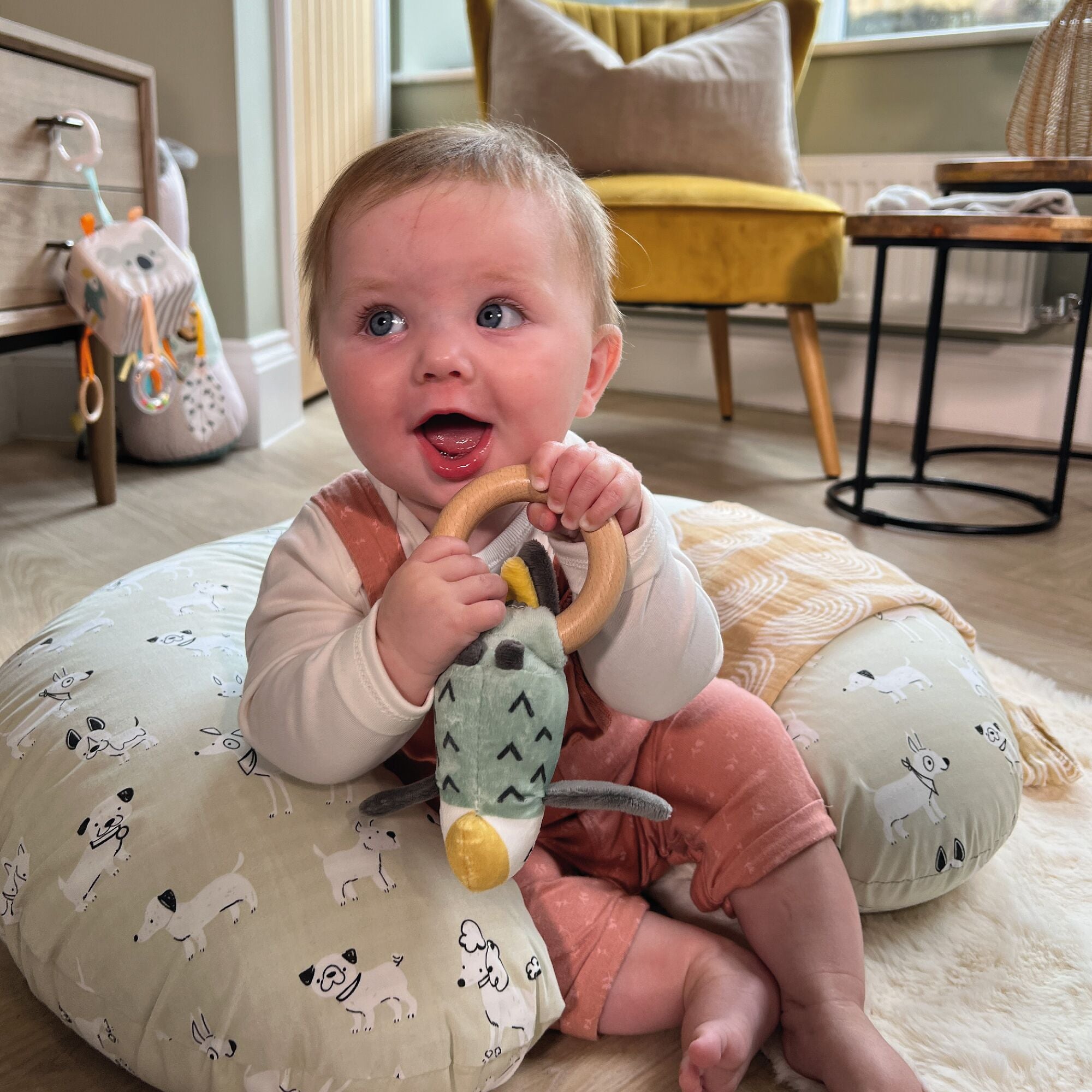 A baby holding the parrot from the Animal Adventures gift set by Nuby.