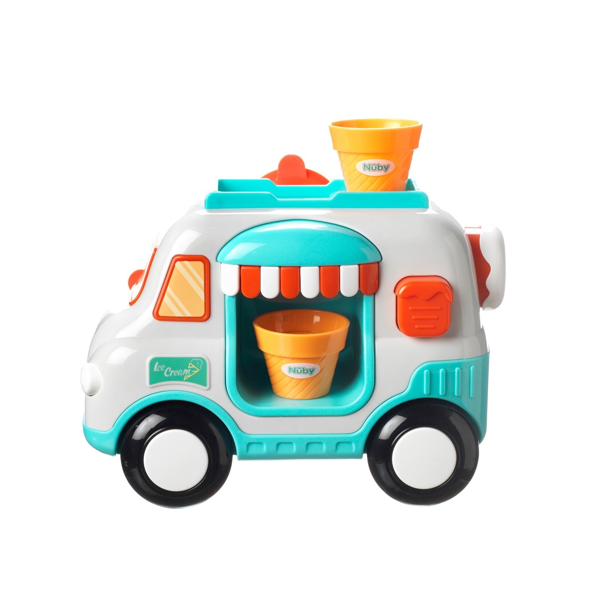 The Nuby Ice Cream Machine Bubble Bath Toy is a colorful teal, white, orange, and yellow plastic toy with large black wheels and two yellow ice cream cups—perfect for imaginative bath time play.