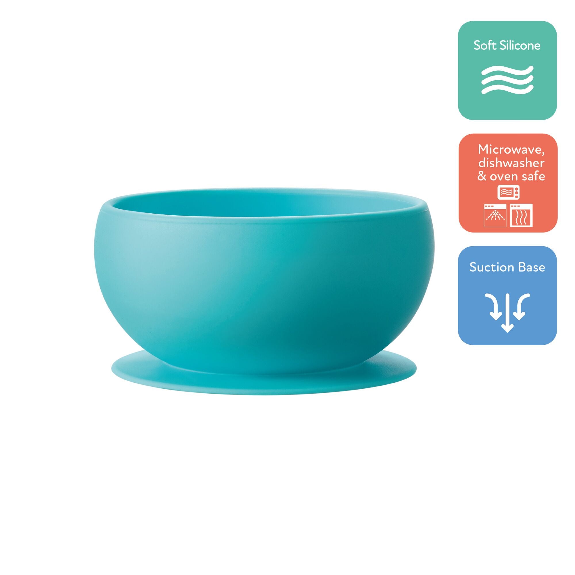 Some of the benefits of the silicone suction bowl alongside the image of the bowl on a blank white background.