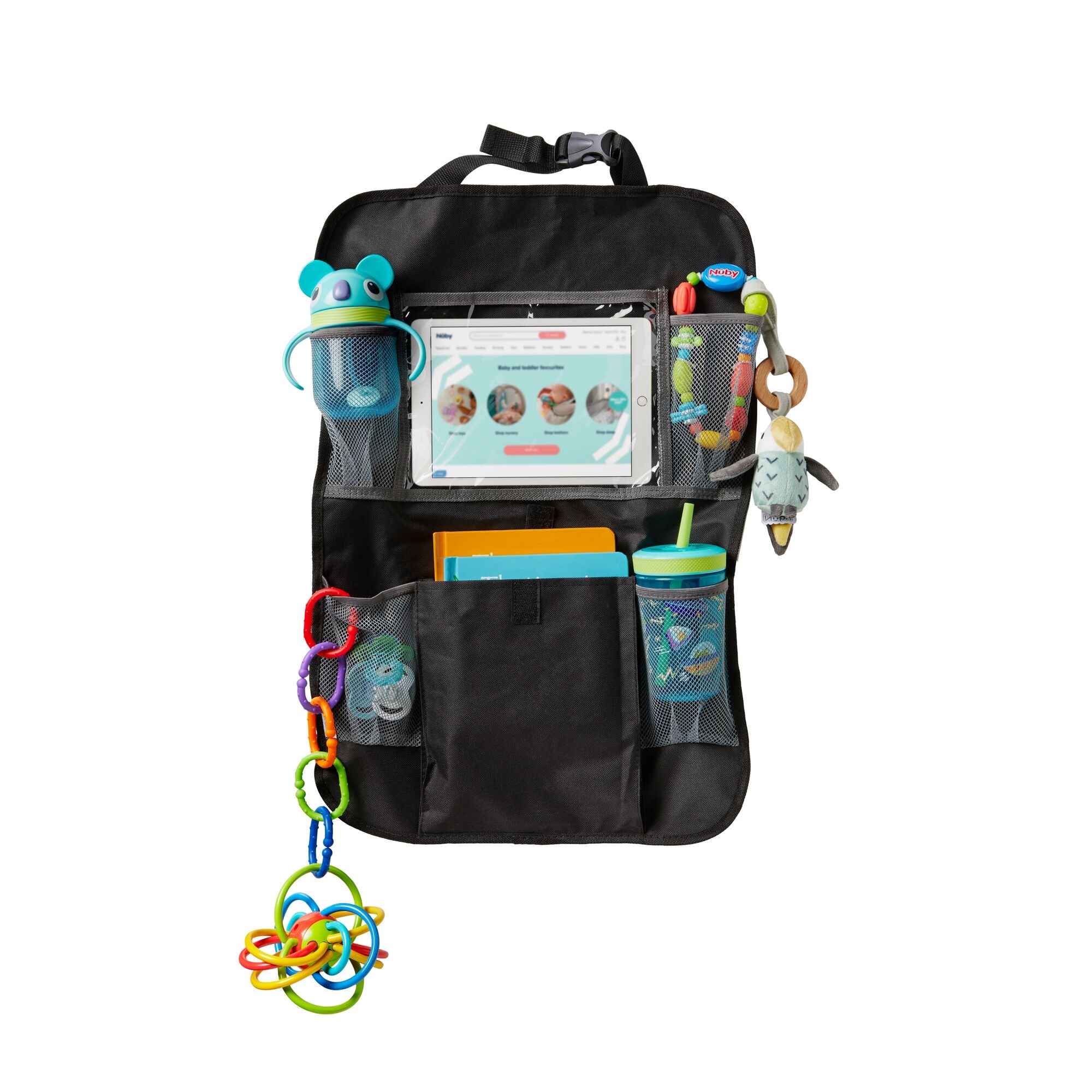 The Nuby Car Seat Organiser, in black, is filled with baby and toddler essentials like a water bottle, tablet pocket, toys, snack cup, books, and teething rings, neatly stored in mesh and fabric pockets against a white background.