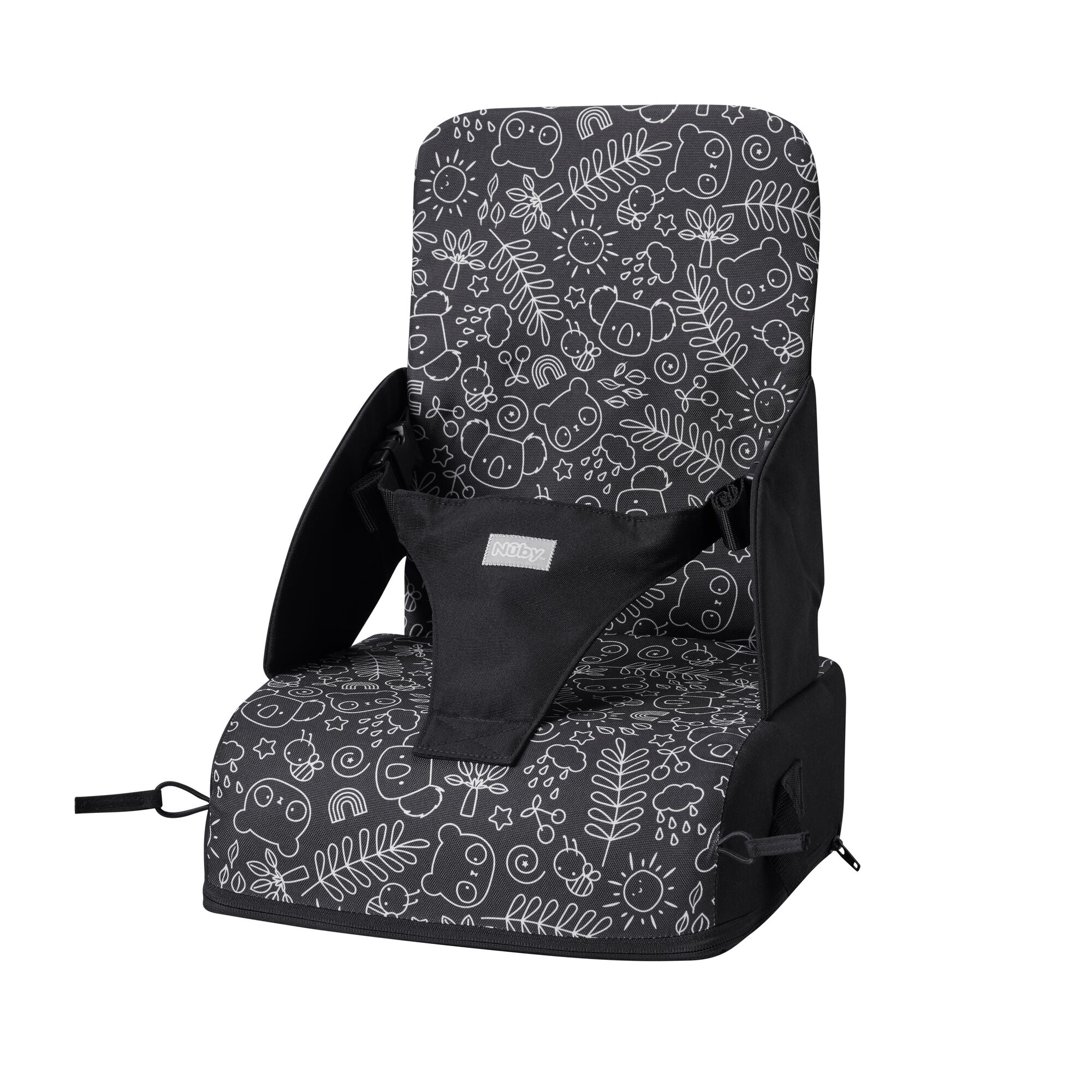 The Nuby Travel Booster Seat features black and white fabric with playful animal, leaf, and sun doodles, safety straps, and side arm supports—perfect for young children on the go.