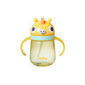 The Character Sippy Cup is a yellow, two-handled cup with a weighted straw and a cute animal face lid that looks like a giraffe, featuring big eyes and orange horns.