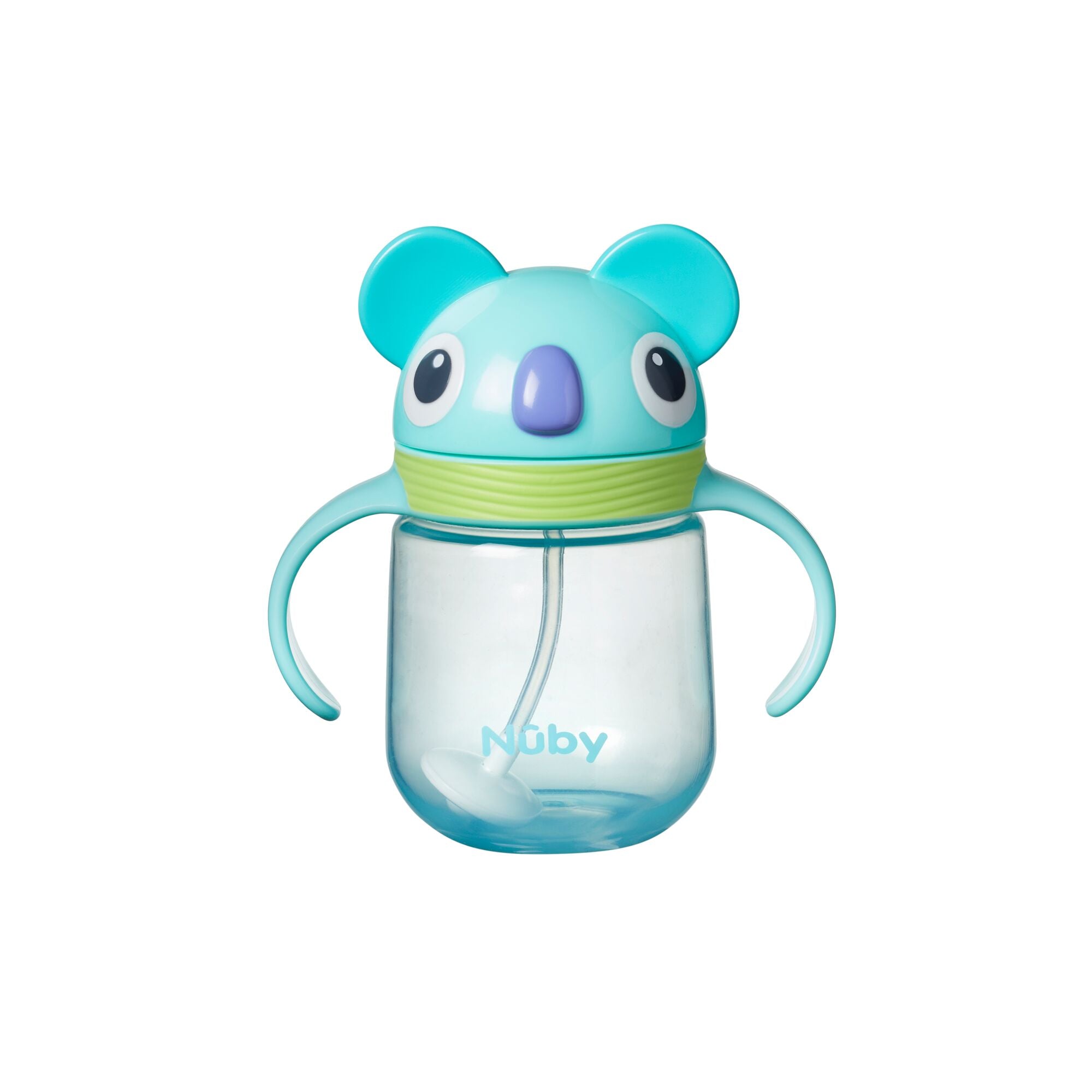 The Nuby UK Character Sippy Cup is a blue two-handled cup with a bear-shaped lid, no-spill straw inside, and Nuby branding on the side.