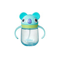 The Nuby UK Character Sippy Cup is a blue two-handled cup with a bear-shaped lid, no-spill straw inside, and Nuby branding on the side.