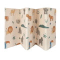 The Nuby Foldable Play Mat, Safari features a beige background with colorful animal illustrations—lions, elephants, tigers, crocodiles, sloths, camels—plus green leaves and blue flowers; ideal as a playful and reversible baby floor mat.
