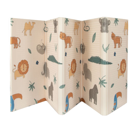 The Nuby Foldable Play Mat, Safari features a beige background with colorful animal illustrations—lions, elephants, tigers, crocodiles, sloths, camels—plus green leaves and blue flowers; ideal as a playful and reversible baby floor mat.