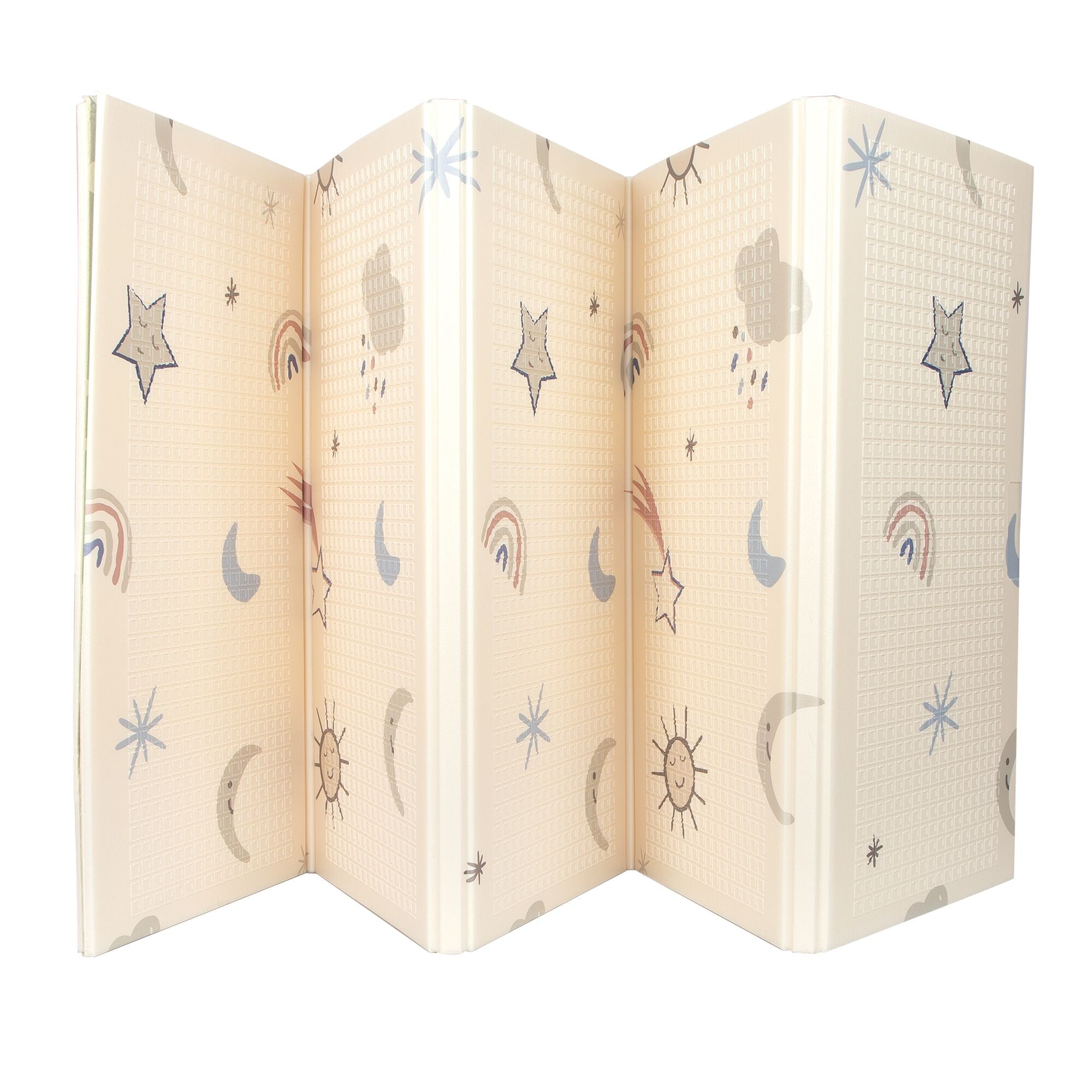 The Nuby Foldable Play Mat, Stars, is a cream-colored reversible foam mat with a textured surface decorated in soft pastels with cartoon stars, moons, suns, rain clouds, and rainbows.