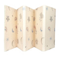 The Nuby Foldable Play Mat, Stars, is a cream-colored reversible foam mat with a textured surface decorated in soft pastels with cartoon stars, moons, suns, rain clouds, and rainbows.