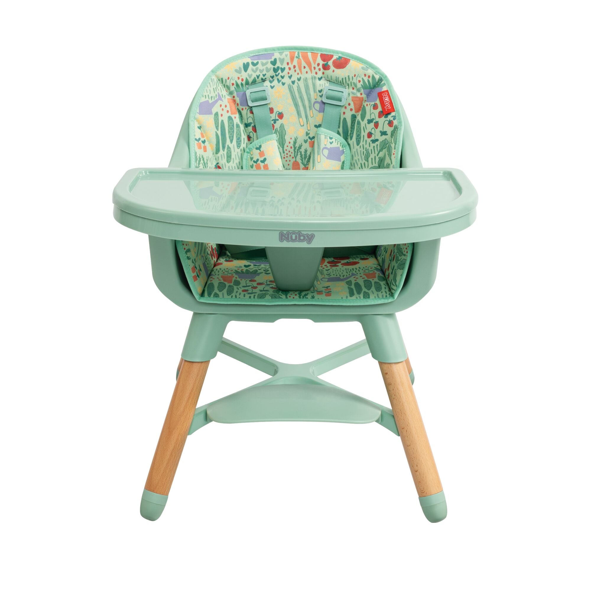 The Nuby UK Highchair Green features mint green color, light wooden legs, a tray, a patterned seat cover with colorful plants and animals, and safety harness straps.