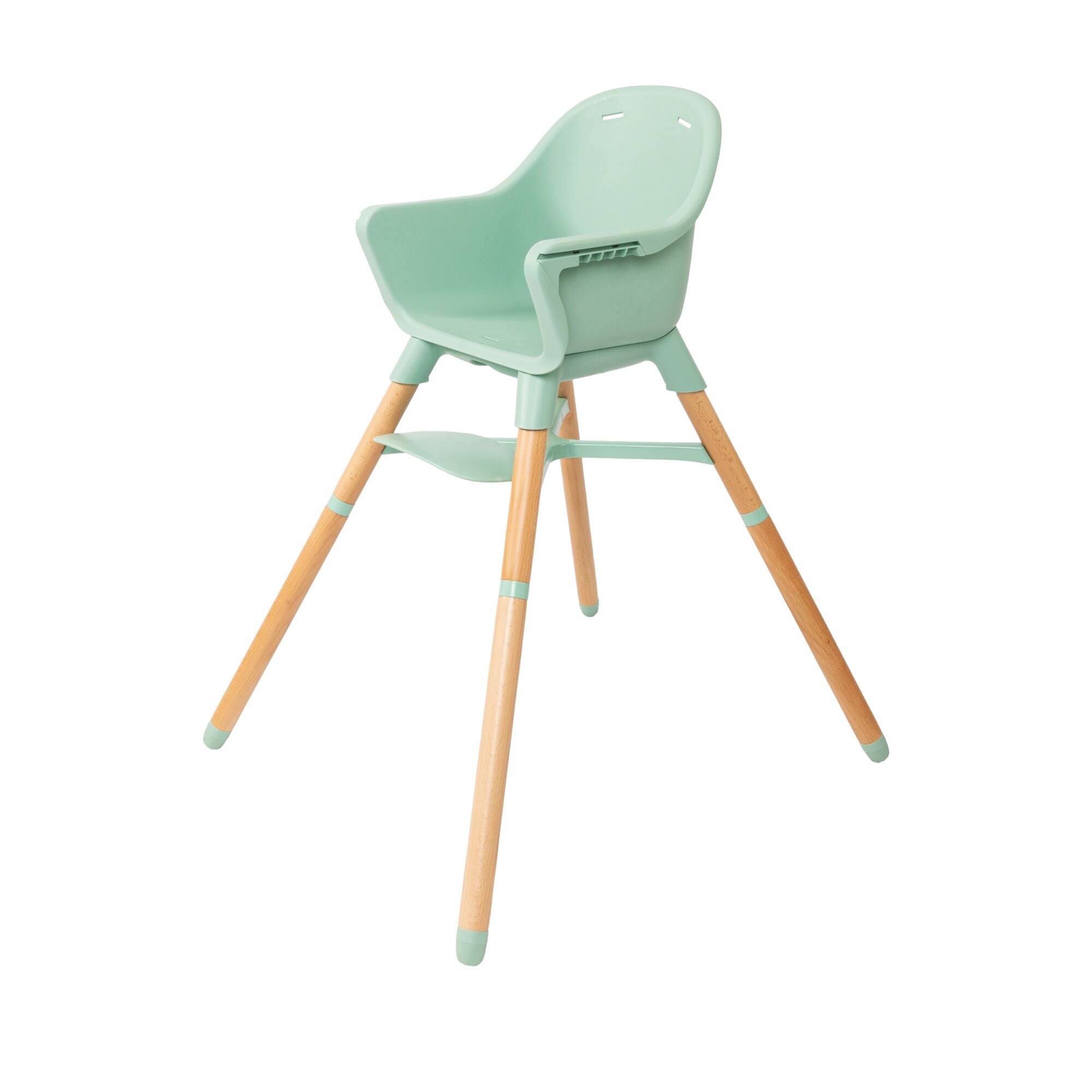 The Nuby UK Highchair Green features a minimalist mint green plastic seat with matching footrest, natural wooden legs, and green-tipped accents for a modern, contemporary look.