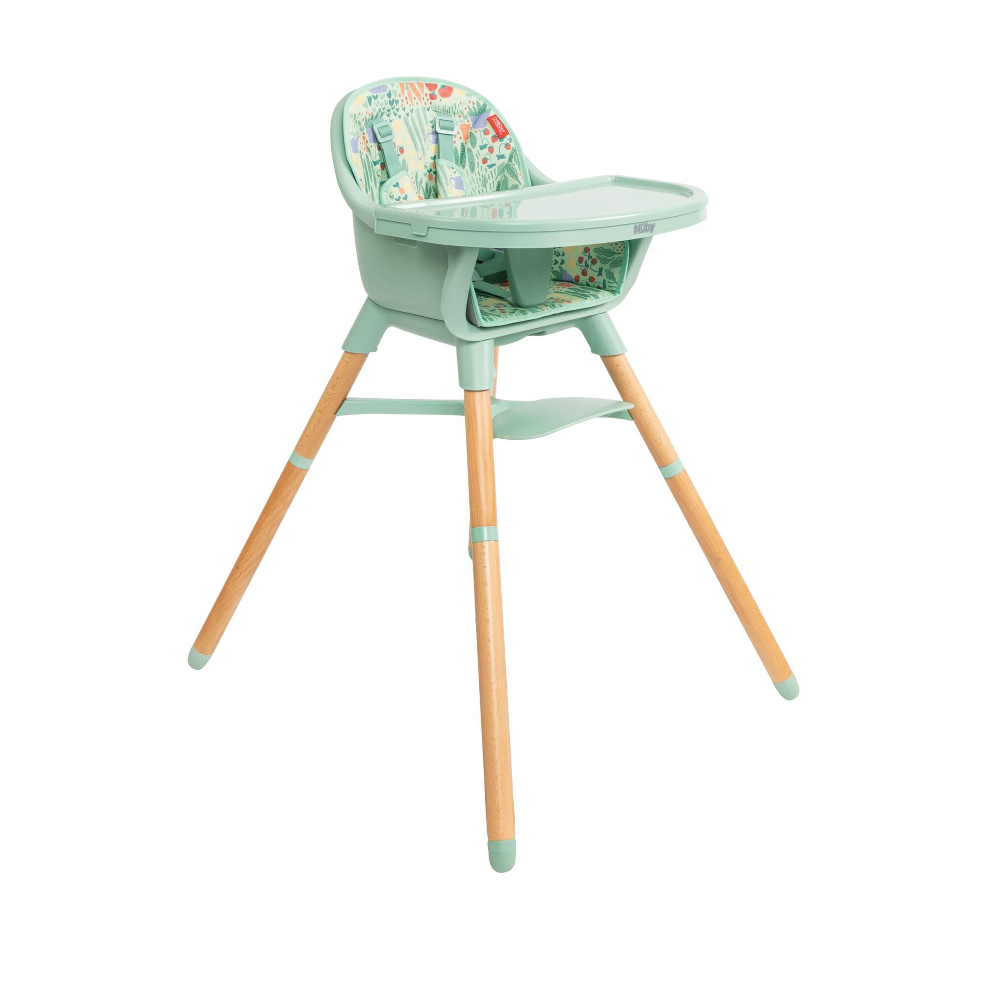The Nuby UK Highchair Green features a modern design with wooden legs, mint green color, a tray, footrest, and a patterned seat cover with colorful illustrations.