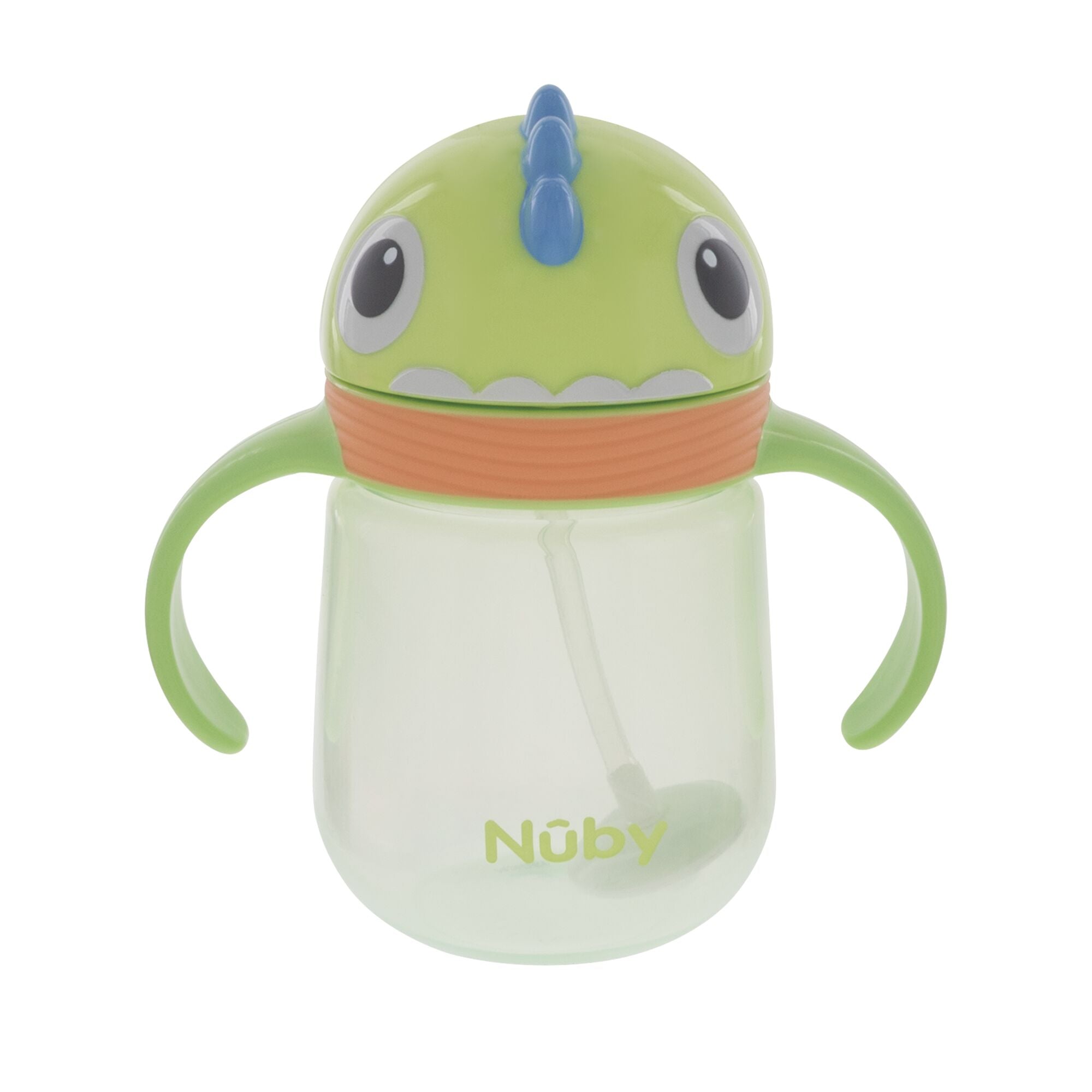 The Nuby UK Character Sippy Cup is a green toddler cup with two side handles, a blue spout, and a monster-face lid with big eyes and a blue ridge—designed as a no-spill solution for little ones.