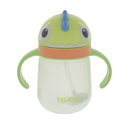 The Nuby UK Character Sippy Cup is a green toddler cup with two side handles, a blue spout, and a monster-face lid with big eyes and a blue ridge—designed as a no-spill solution for little ones.