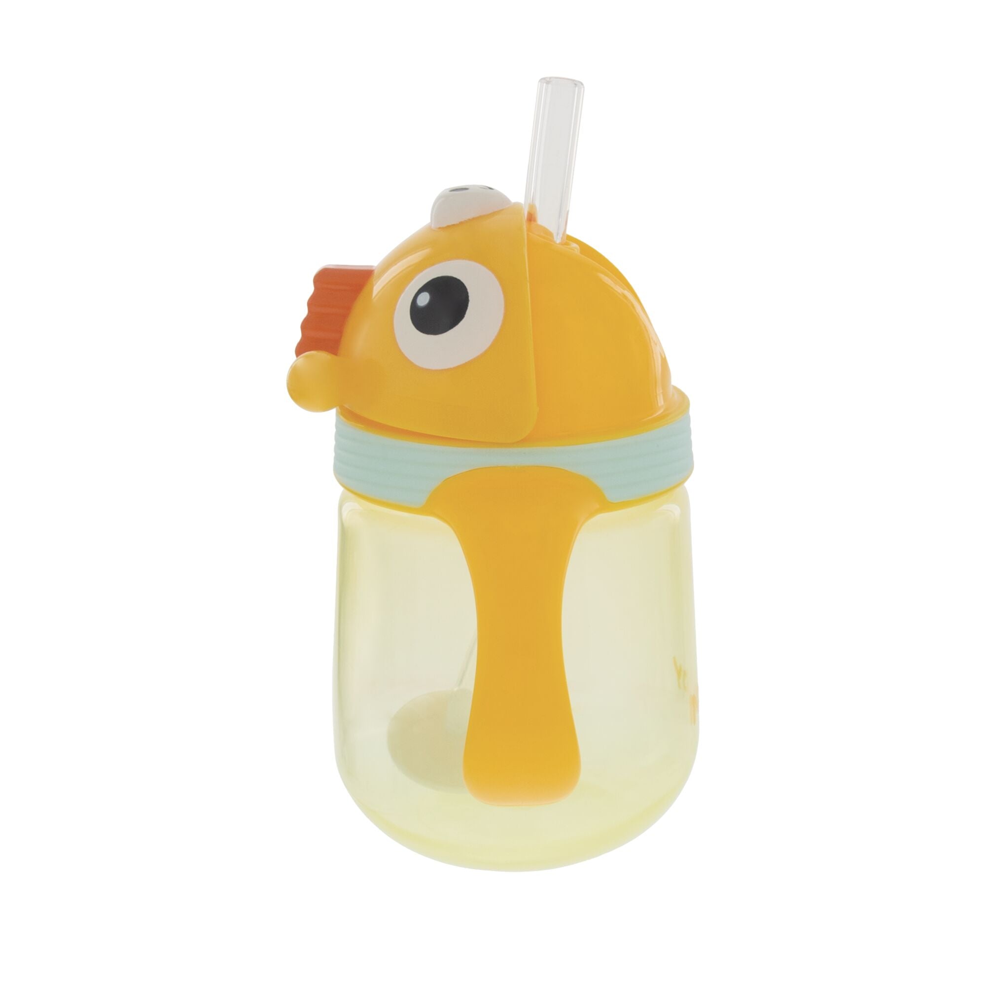 A yellow Nuby UK Character Sippy Cup shaped like a fish, featuring fins, a big eye, a handle, and a weighted straw on top, functions as an adorable no-spill toddler cup shown against a white background.