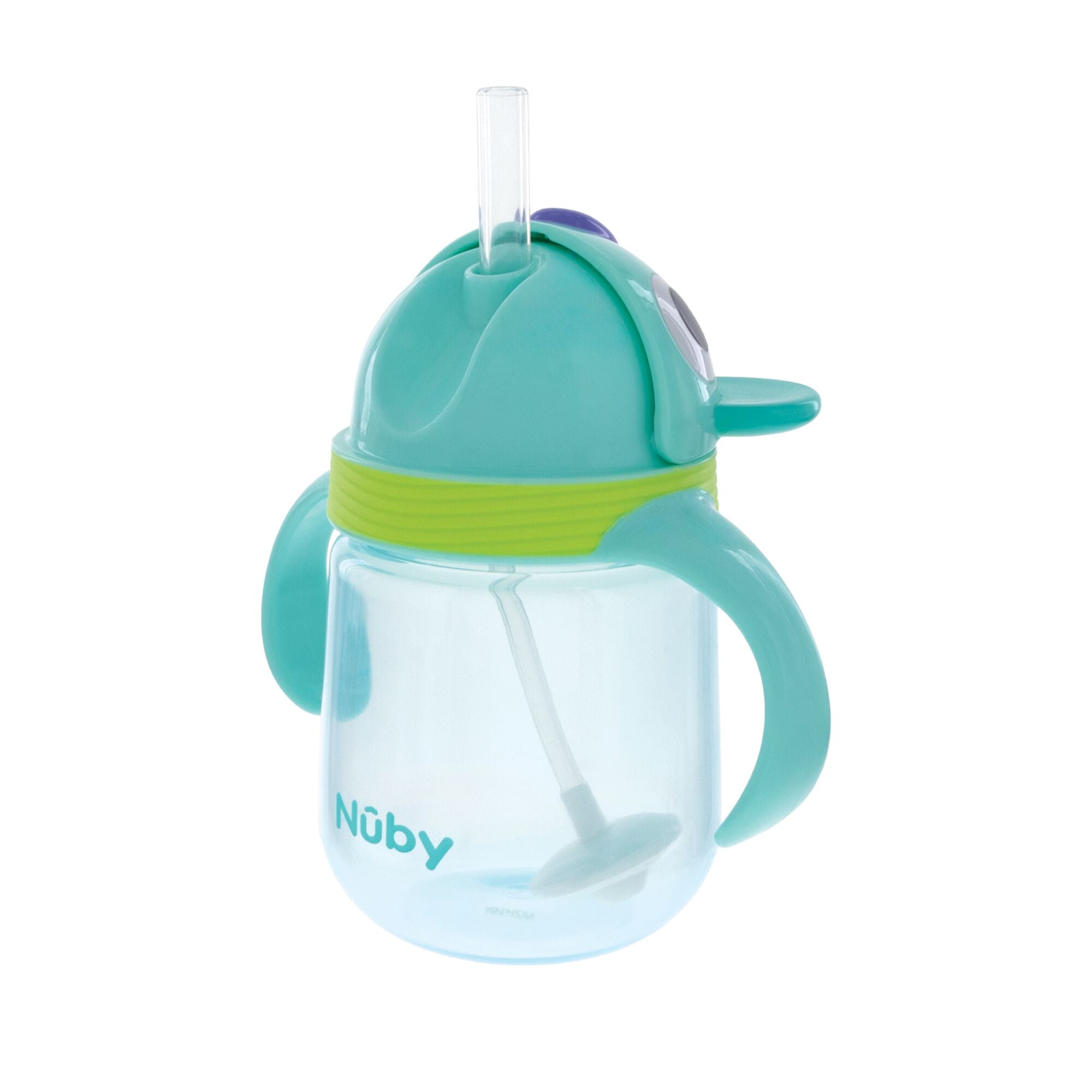 The Nuby UK Character Sippy Cup has two handles, a green lid band, a flexible straw, and a weighted bottom; this teal no-spill cup is perfect for toddlers’ easy gripping and sipping.