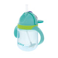 The Nuby UK Character Sippy Cup has two handles, a green lid band, a flexible straw, and a weighted bottom; this teal no-spill cup is perfect for toddlers’ easy gripping and sipping.