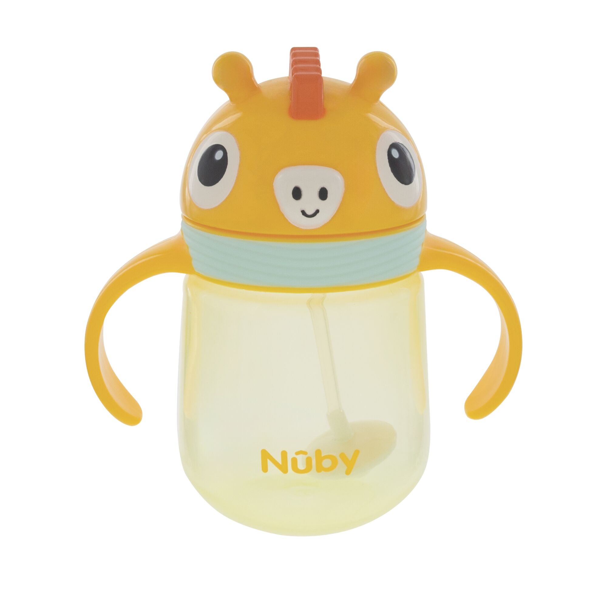 The Nuby UK Character Sippy Cup is a yellow toddler cup with two handles and a giraffe-face lid, orange accents, and a no-spill design—perfect for little hands.