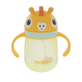 The Nuby UK Character Sippy Cup is a yellow toddler cup with two handles and a giraffe-face lid, orange accents, and a no-spill design—perfect for little hands.