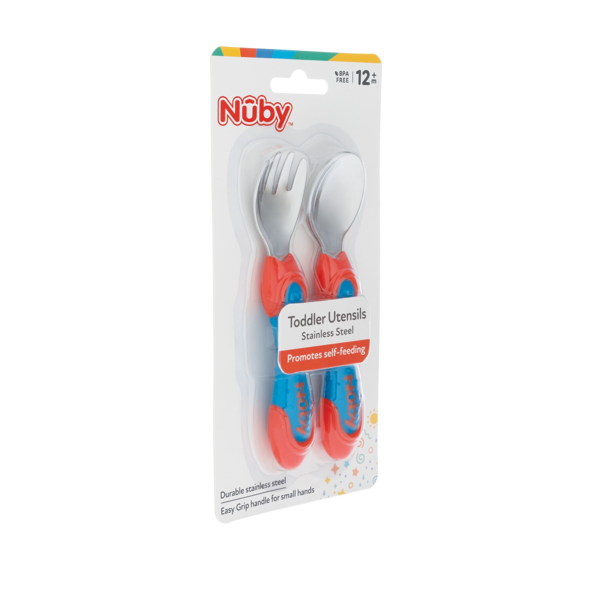 A pair of utensils, stainless steel cutlery by Nuby in their packaging. The handles are coloured in orange and blue.