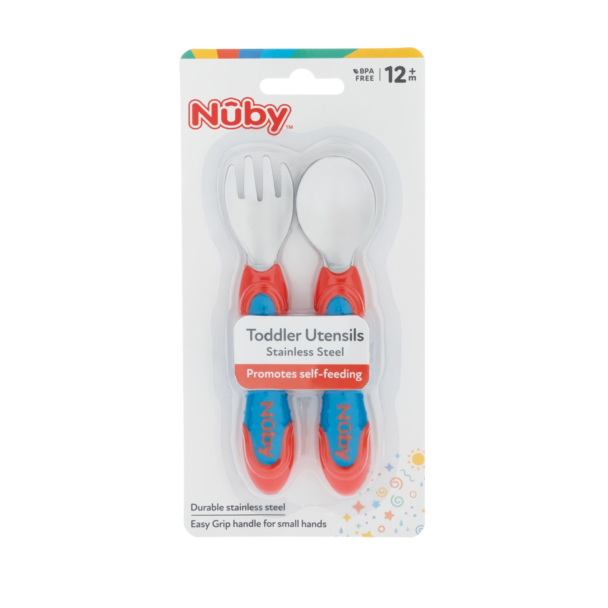 A pair of utensils, stainless steel cutlery by Nuby in their packaging. The handles are coloured in orange and blue.