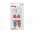 A pair of utensils, stainless steel cutlery by Nuby in their packaging. The handles are coloured in orange and blue.