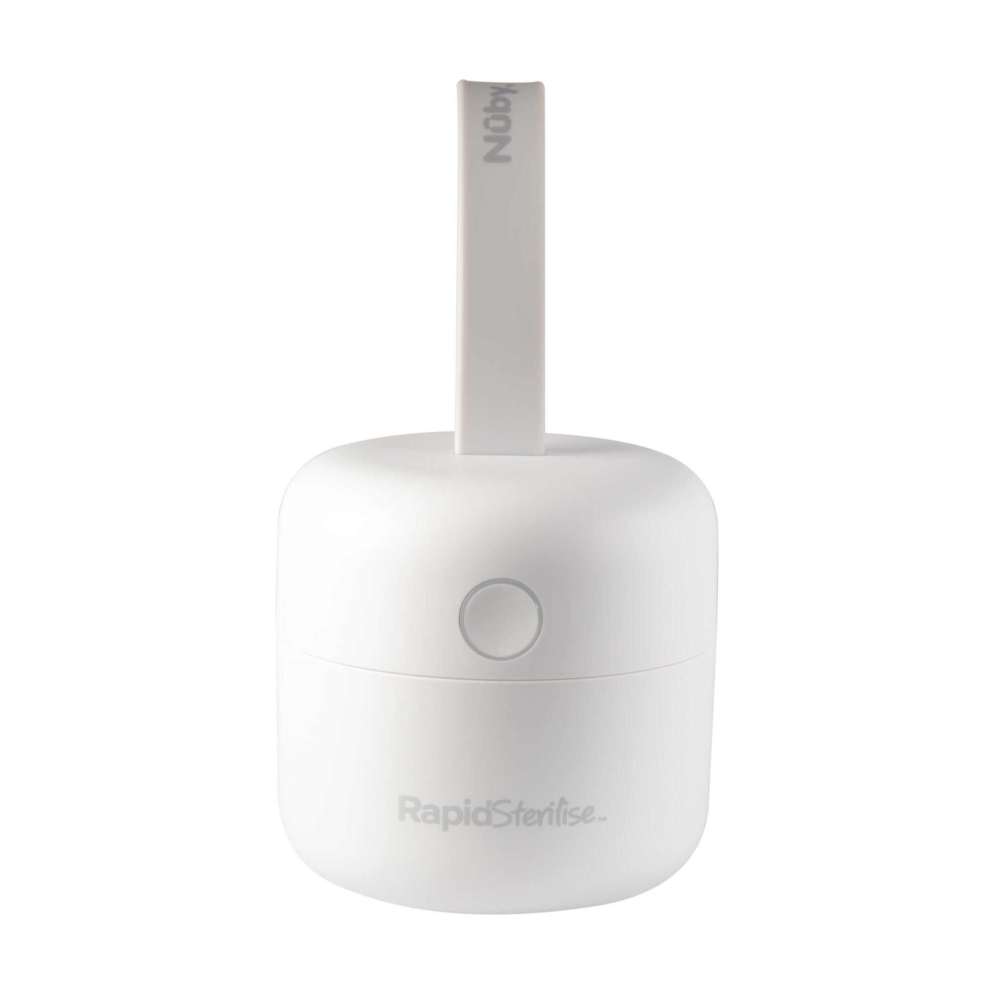 A minimal, modern white device with a round base labeled "RapidSterilise" and an upright handle marked "Nuby." Compact design features a single power button. Product name: RapidSterilise UV Soother Steriliser.