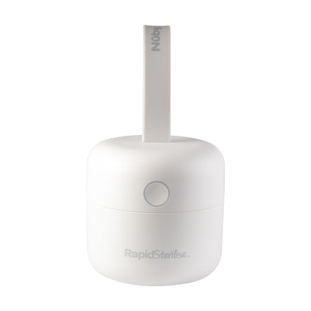A minimal, modern white device with a round base labeled "RapidSterilise" and an upright handle marked "Nuby." Compact design features a single power button. Product name: RapidSterilise UV Soother Steriliser.