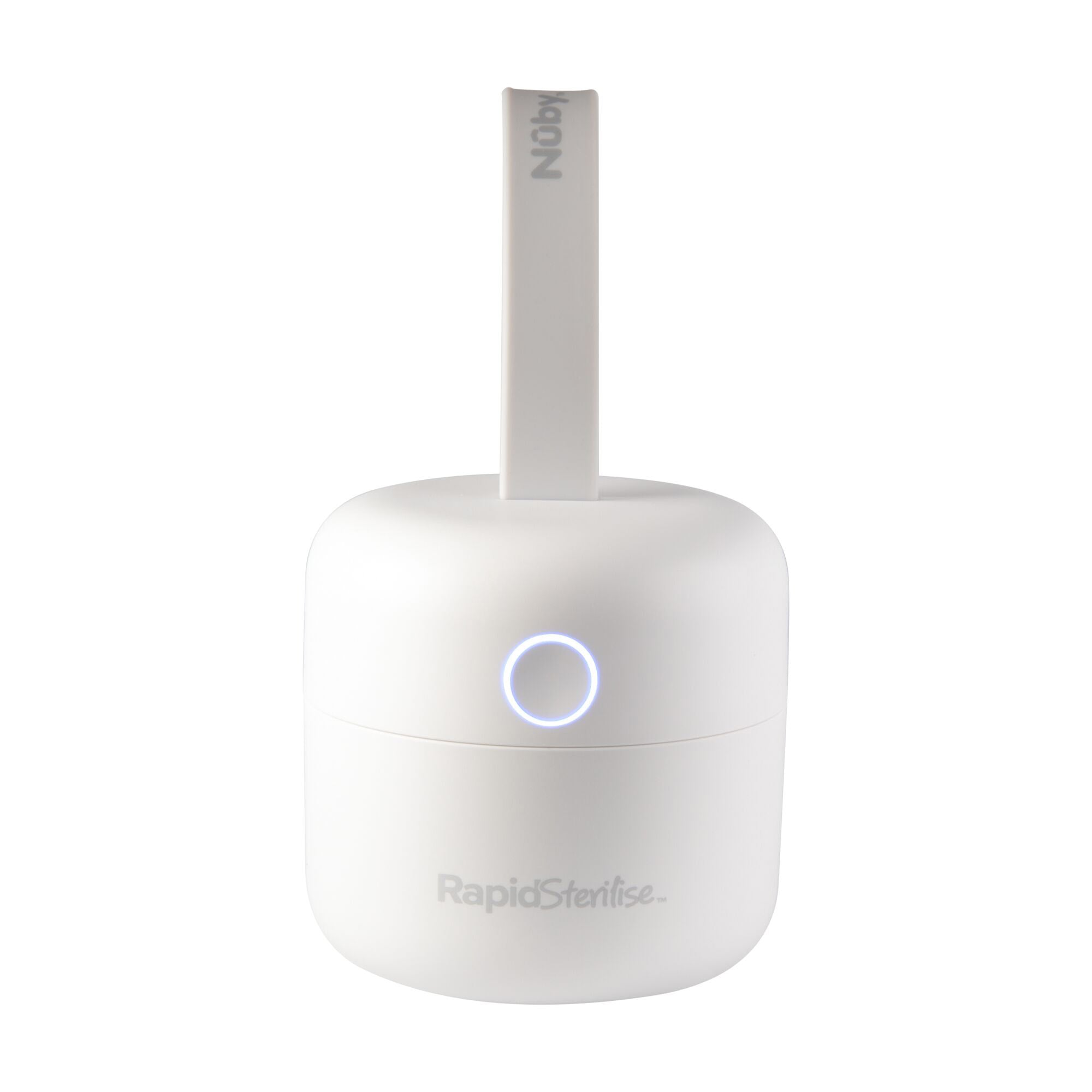 A white, cylindrical device labeled RapidSterilise UV Soother Steriliser features a single illuminated circular front button and a vertical handle or lever on top.