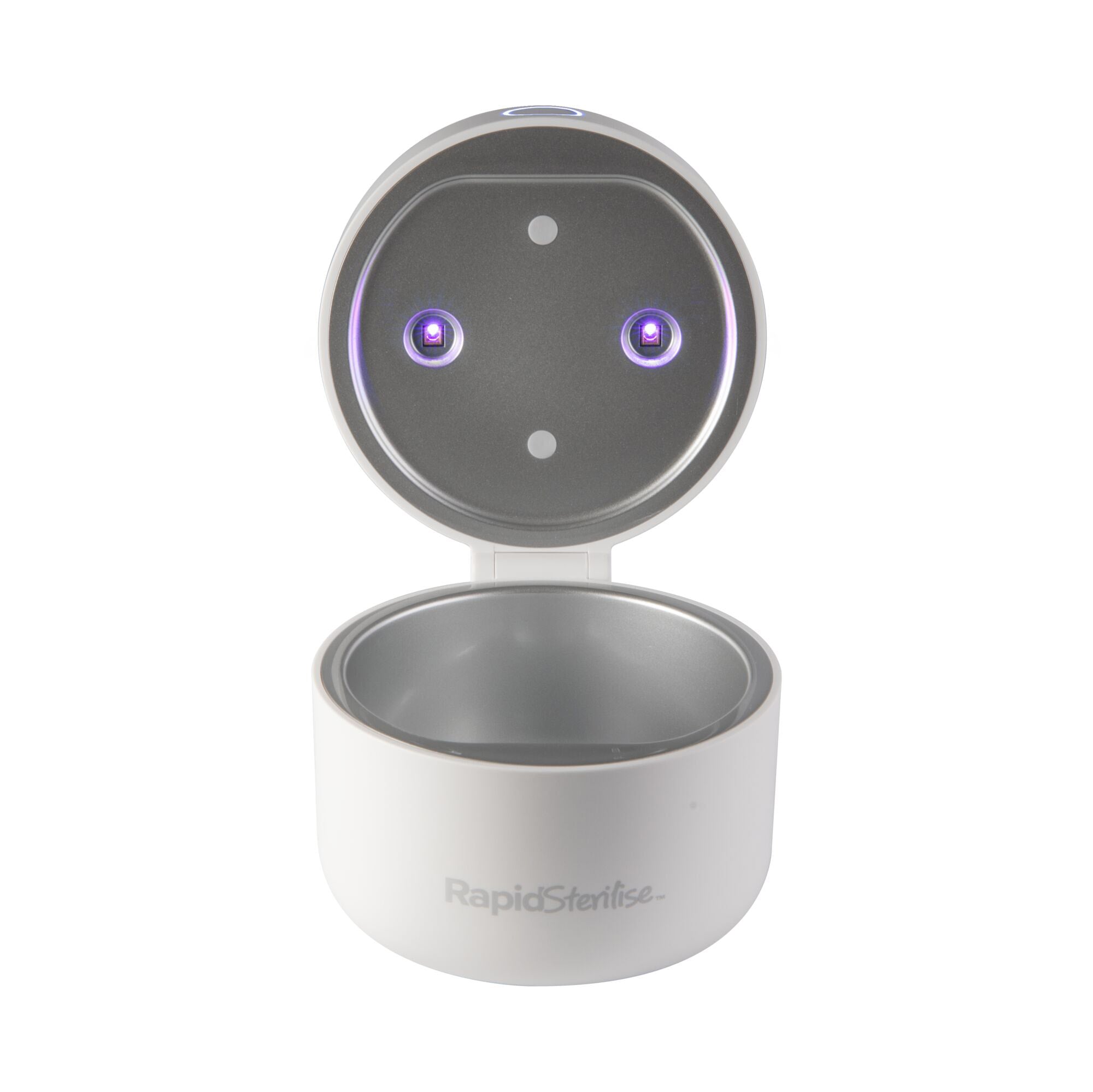 A white, round RapidSterilise UV Soother Steriliser with its lid open reveals two small purple LED lights and a metallic circular interior, designed to sterilise small items.