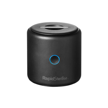 A black, cylindrical RapidSterilise Baby Bottle Maker Steriliser by Nuby UK, featuring a blue-lit circular button on the front and a top slot, is shown against a white background.