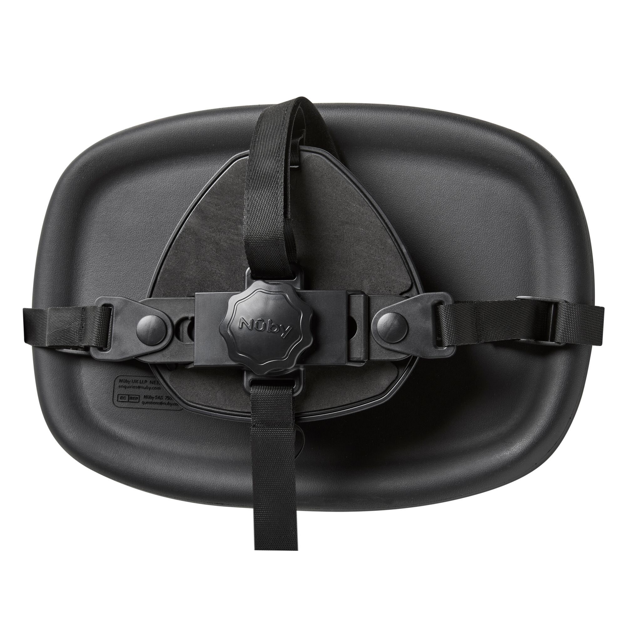 The Safe and Secure Baby Car Mirror features a black plastic tray, adjustable straps, and a shatter-resistant central knob, serving as a child safety harness or car seat accessory.
