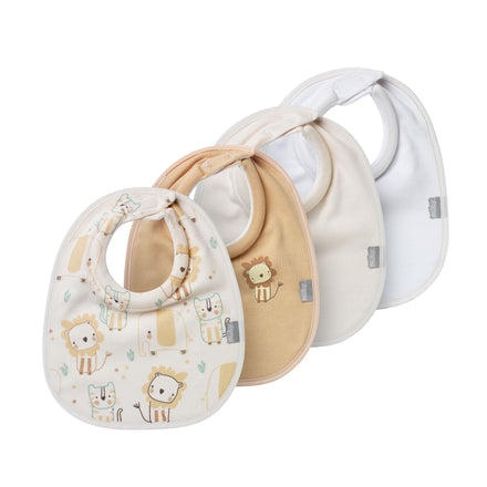 The 4 Pack Snug & Dry Organic Bibs includes four soft, absorbent baby bibs: one with a lion and giraffe print, and three in solid beige, light beige, and white. All have rounded neck openings with snap closures.