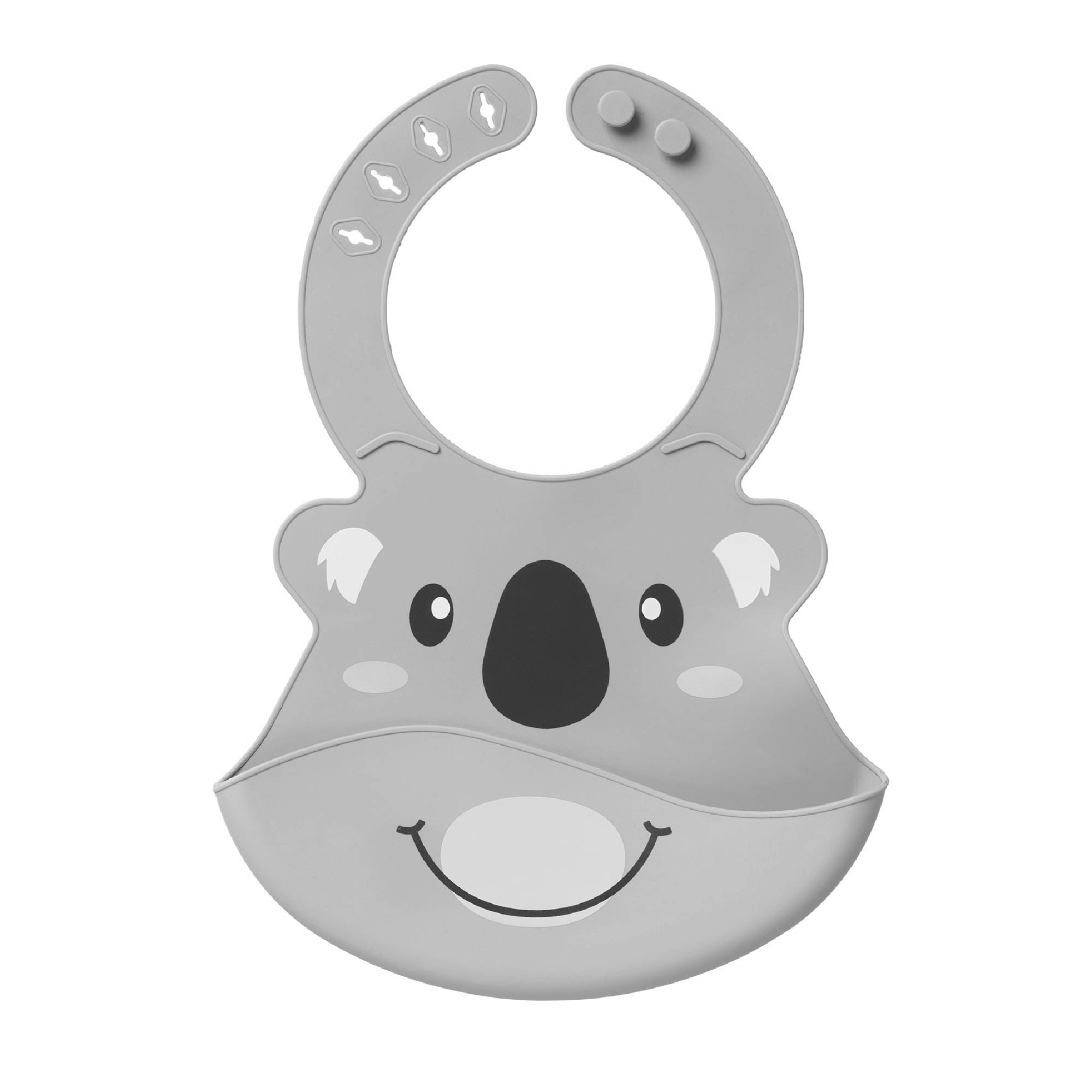 The Nuby Roly Poly Bib is a gray silicone koala-shaped baby bib with a black nose, white cheeks, smile, adjustable fasteners, and crumb-catching pocket. Waterproof and perfect for baby-led weaning.