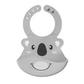 The Nuby Roly Poly Bib is a gray silicone koala-shaped baby bib with a black nose, white cheeks, smile, adjustable fasteners, and crumb-catching pocket. Waterproof and perfect for baby-led weaning.