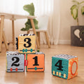 The different numbers that are included in the Little Learner Cubes facing the camera. All laid out on a living room floor.