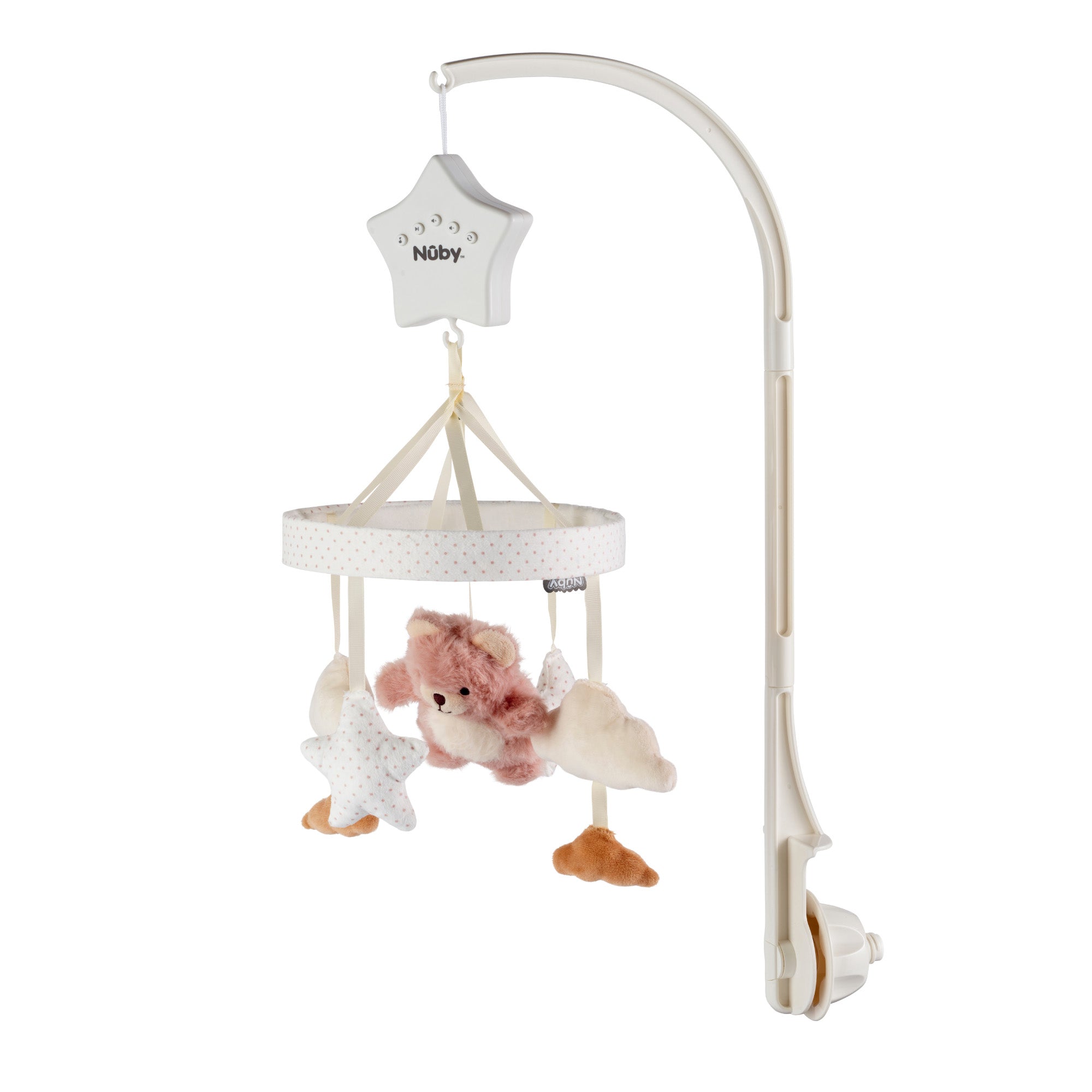 The Biscuit Bear Musical Cot Mobile by Nuby UK features a soft white arm, a star-shaped music box, and plush clouds and stars in white, beige, and gray—adding gentle charm to any nursery.