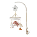 The Biscuit Bear Musical Cot Mobile by Nuby UK features a soft white arm, a star-shaped music box, and plush clouds and stars in white, beige, and gray—adding gentle charm to any nursery.