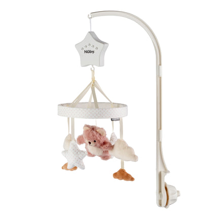 The Biscuit Bear Musical Cot Mobile by Nuby UK features a soft white arm, a star-shaped music box, and plush clouds and stars in white, beige, and gray—adding gentle charm to any nursery.
