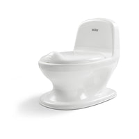 The Nuby My Real Mini Toilet Potty is a small, white training toilet for toddlers, featuring a closed lid and realistic design—ideal for early toilet training.