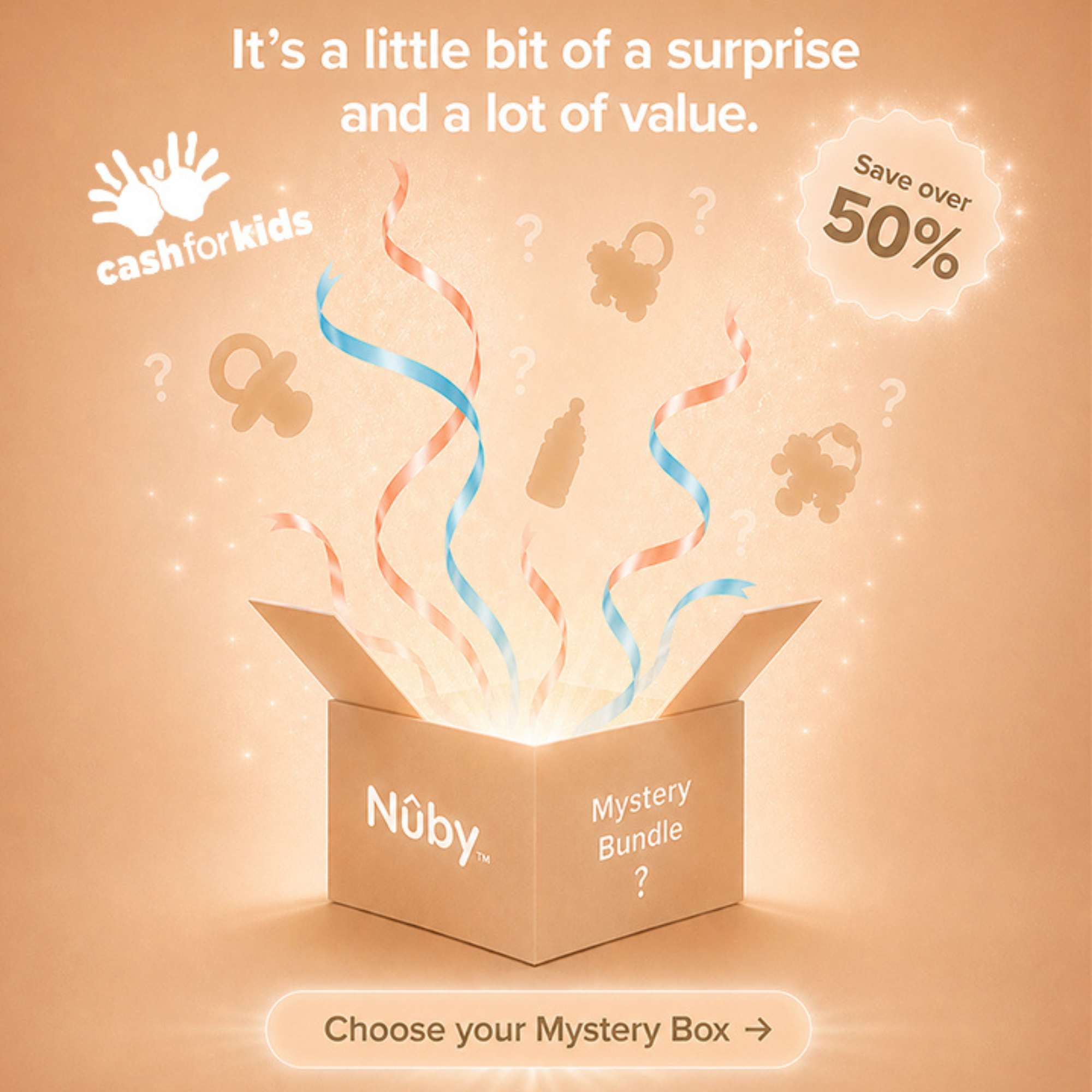 A glowing box labeled Nuby Mystery Box with colorful ribbons and silhouettes of a pacifier, bottle, and teddy bear emerging. Text: It's a fun surprise and big value—save over 50%. Choose your Nuby Mystery Box!.