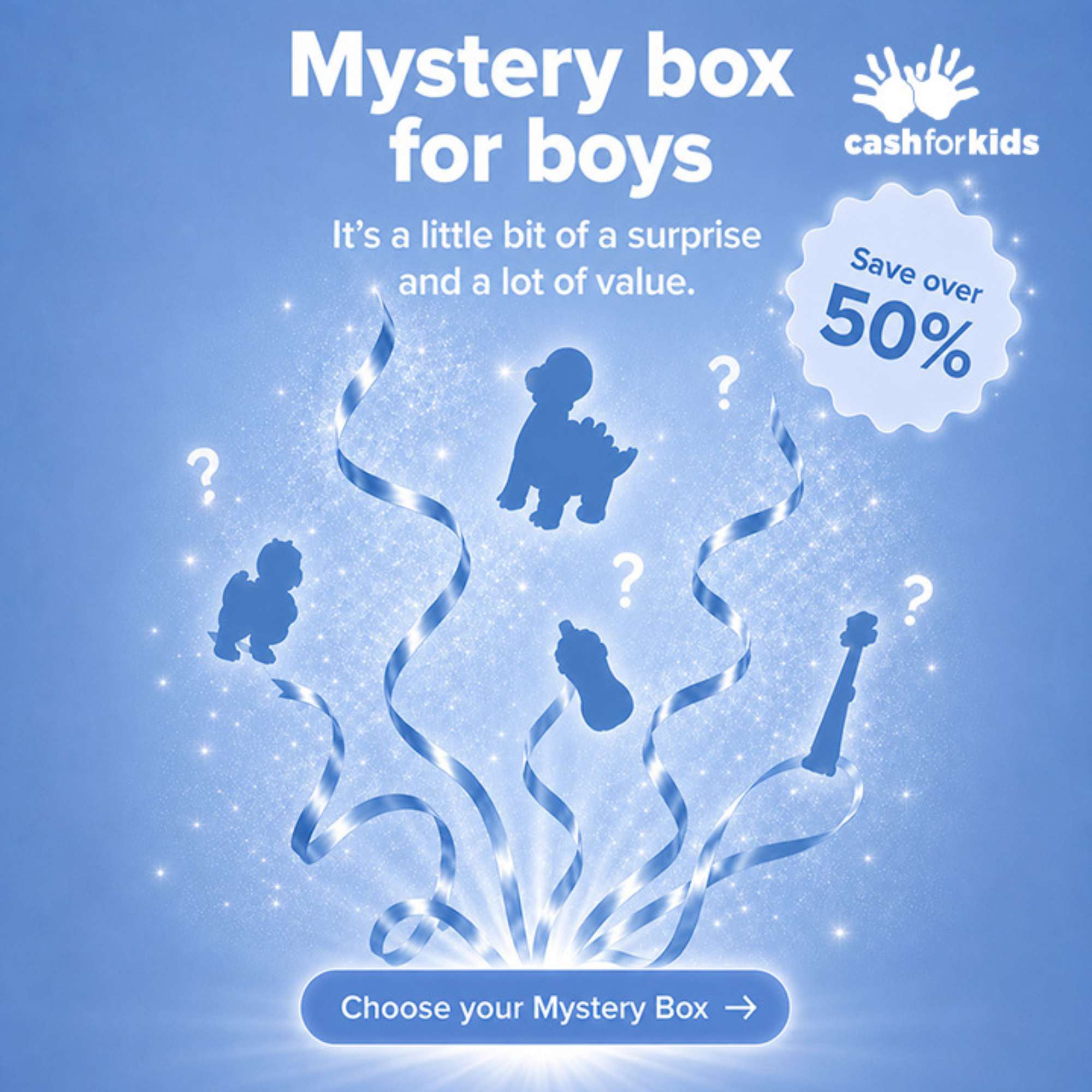 Blue graphic for the Nuby Mystery Box for boys with sparkling effects, question marks, and toy silhouettes like a dinosaur, robot, car, and gaming controller. Text reads Save over 50% and Choose your Nuby Mystery Box.