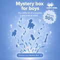 Blue graphic for the Nuby Mystery Box for boys with sparkling effects, question marks, and toy silhouettes like a dinosaur, robot, car, and gaming controller. Text reads Save over 50% and Choose your Nuby Mystery Box.