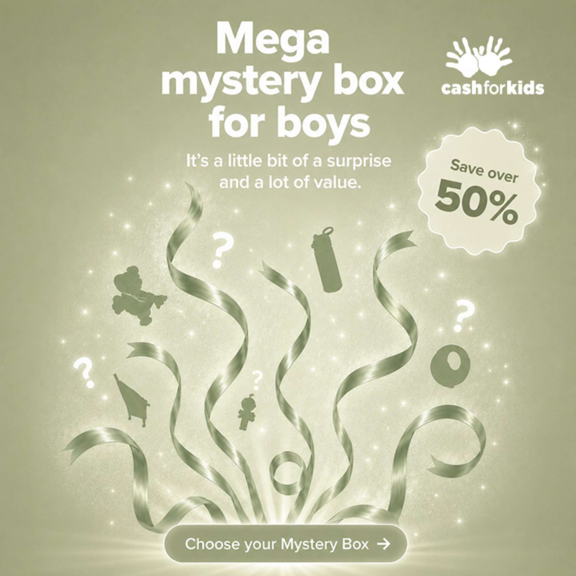 A promotional image for a Nuby Mystery Box by Cash for Kids, featuring sparkles, question marks, toy silhouettes, a "Save over 50%" badge, and a "Choose your Mystery Box" button.