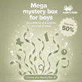 A promotional image for a Nuby Mystery Box by Cash for Kids, featuring sparkles, question marks, toy silhouettes, a "Save over 50%" badge, and a "Choose your Mystery Box" button.