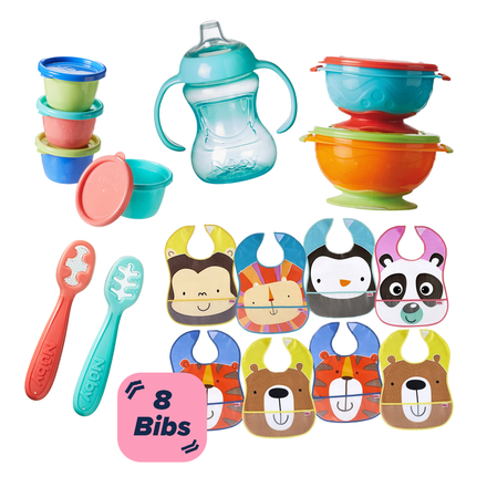 The Nuby UK Weaning Starter Set includes stackable food containers, two suction bowls, a sippy cup, two training spoons, and eight animal bibs with bear, tiger, monkey, lion, penguin, and panda designs.