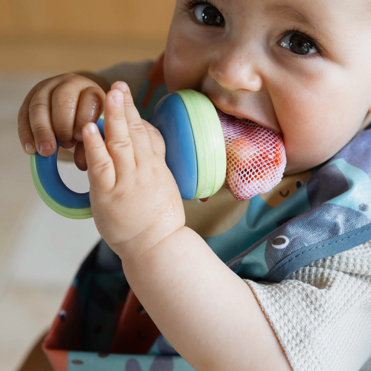 A baby looking at the camera while eating from the Nuby Nibbler.