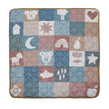 The Quilted Playmat features blue, pink, and beige quilted squares with patterns or cute illustrations—bear, heart, cloud, rainbow, horse, leaf, and star—making it a cozy tummy time mat for your baby.