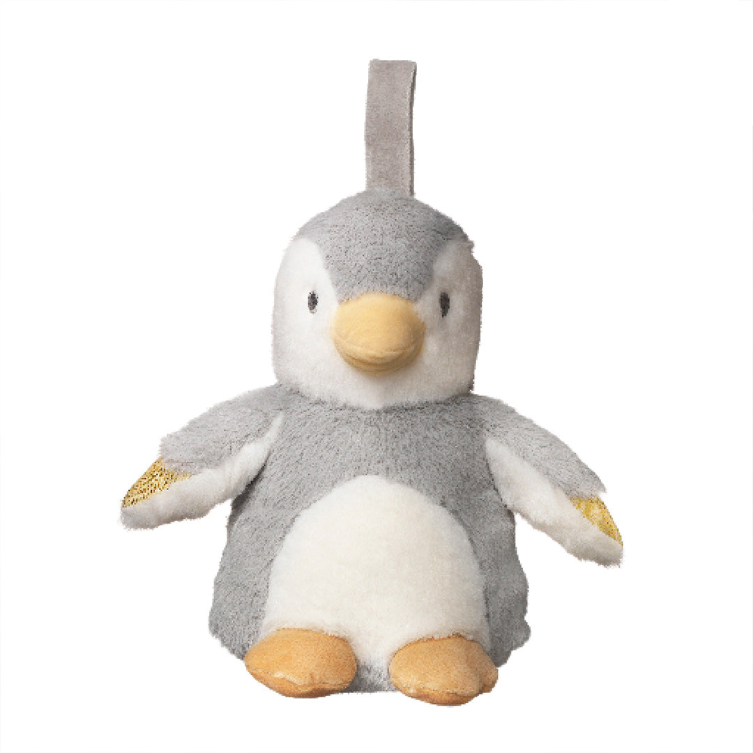 The Nuby Penguin Sleep Aid with Cry Sensor is a plush toy with grey and white fur, yellow feet and beak, gold glittery wings, and a fabric hanging loop—perfect for soothing your baby to sleep. Shown on a white background.