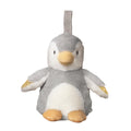 The Nuby Penguin Sleep Aid with Cry Sensor is a plush toy with grey and white fur, yellow feet and beak, gold glittery wings, and a fabric hanging loop—perfect for soothing your baby to sleep. Shown on a white background.